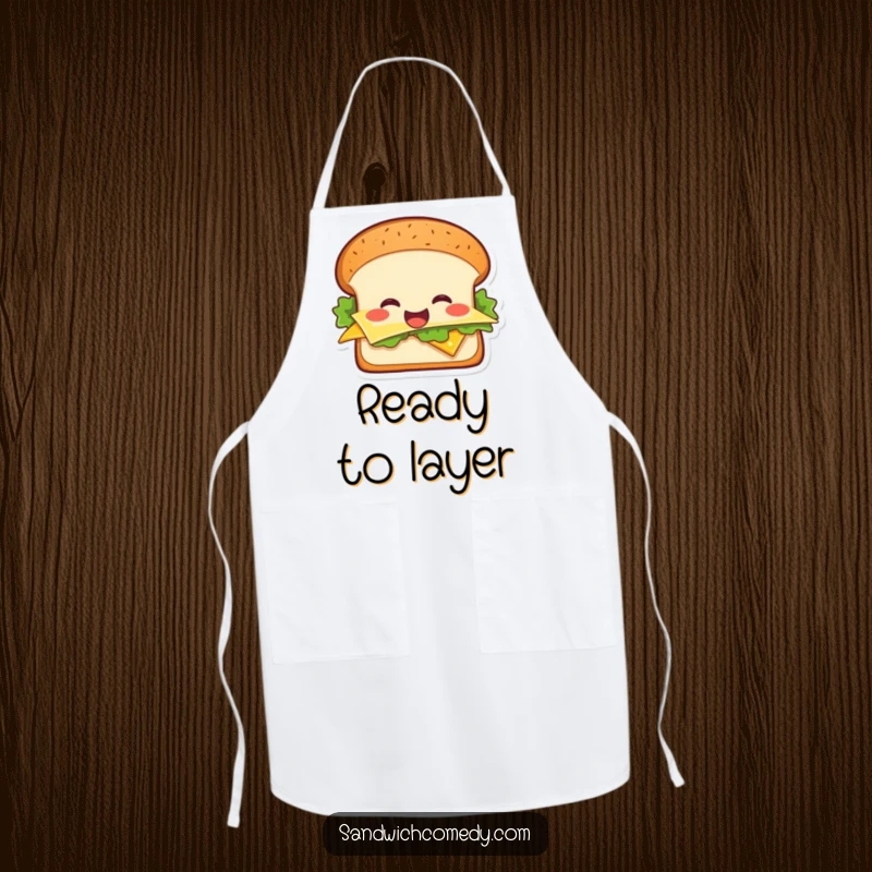 Funny cheerful sandwich apron showing a smiling sandwich with lettuce and cheese, ideal for kitchen use.
