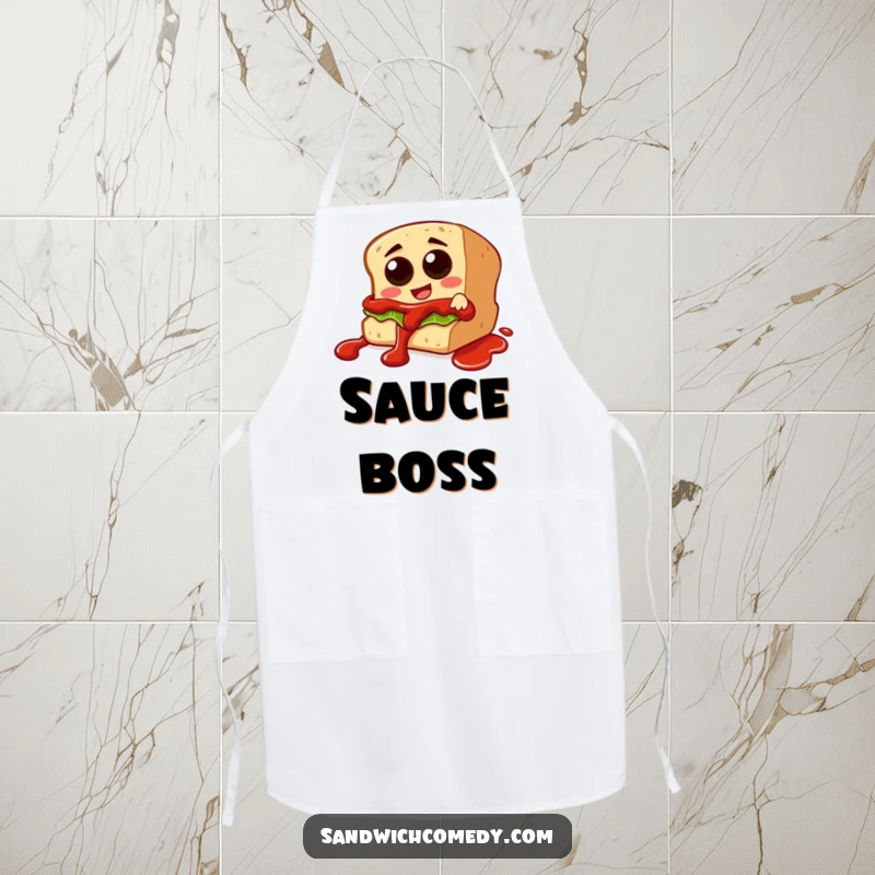Funny apron showing a sandwich character with olive eyes sliding down a ketchup drizzle, ideal for a humorous cooking experience.