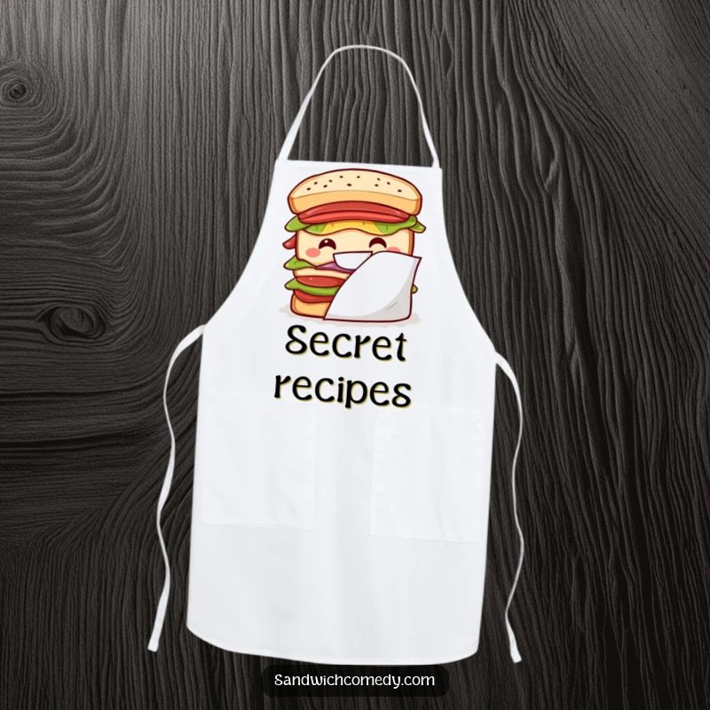 Funny layered sandwich apron with a big grin peeking from behind a napkin, perfect for kitchen fun.