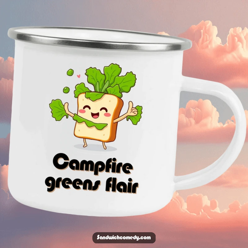 Funny camping mug featuring a sandwich character enthusiastically juggling lettuce leaves, ready for outdoor fun and games.