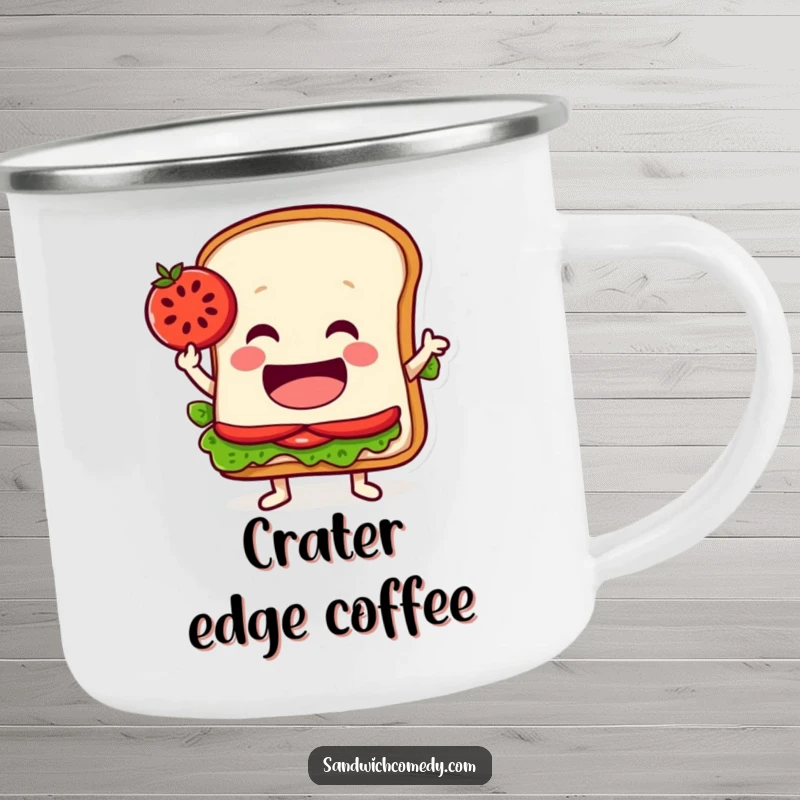 Funny camping mug featuring a jovial sandwich character balancing a tomato slice on its edge, ready for steady outdoor fun.