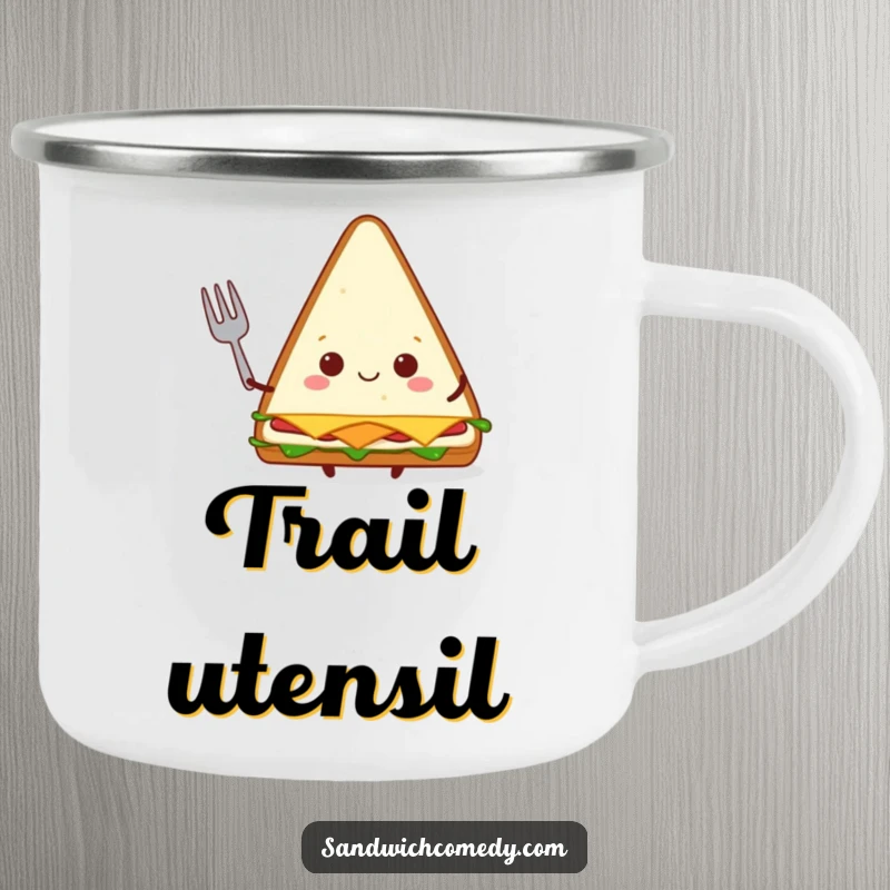 Funny triangular sandwich camping mug with a happy character holding a tiny fork, built for outdoor enjoyment.