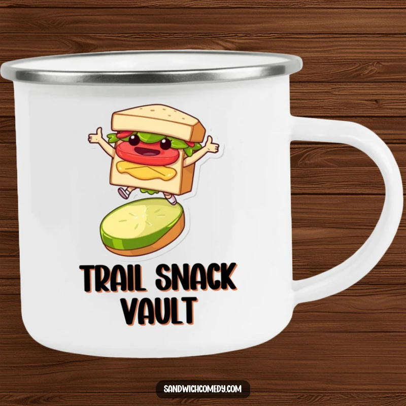Funny camping mug featuring a layered sandwich character joyfully leaping over a pickle slice, ready for outdoor fun.