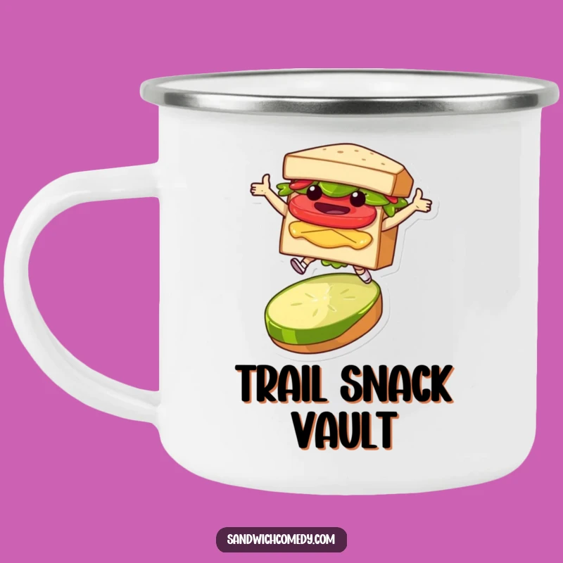 Funny Sandwich Leap Camping Mug - Adventure Character Jumping Over Pickle Cup