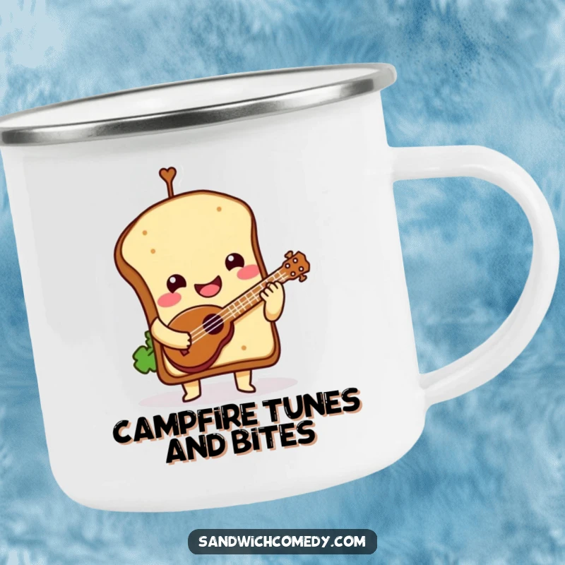 Funny Camping Mug with a smiling sandwich character playing a tiny ukulele, perfect for outdoor enjoyment.