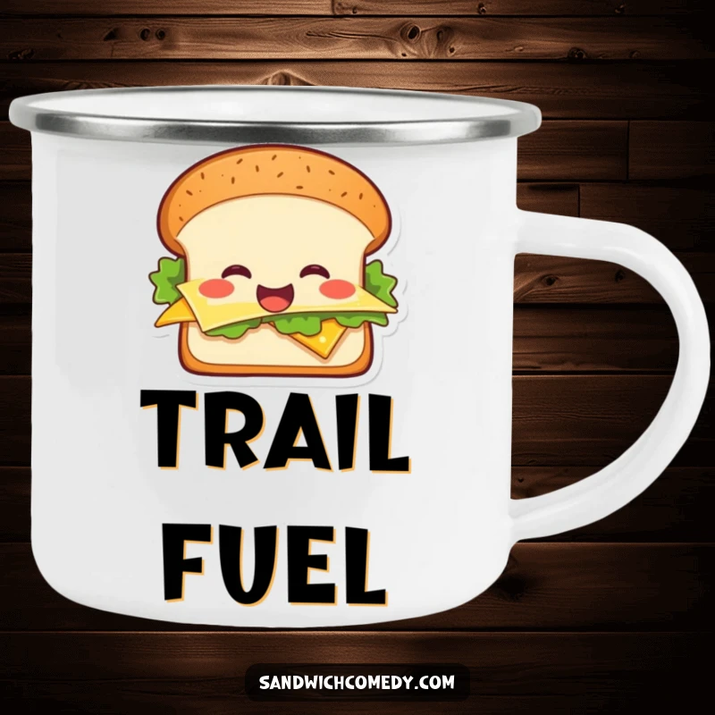 Funny cheerful sandwich camping mug featuring a smiling sandwich with lettuce and cheese, built for outdoor fun.