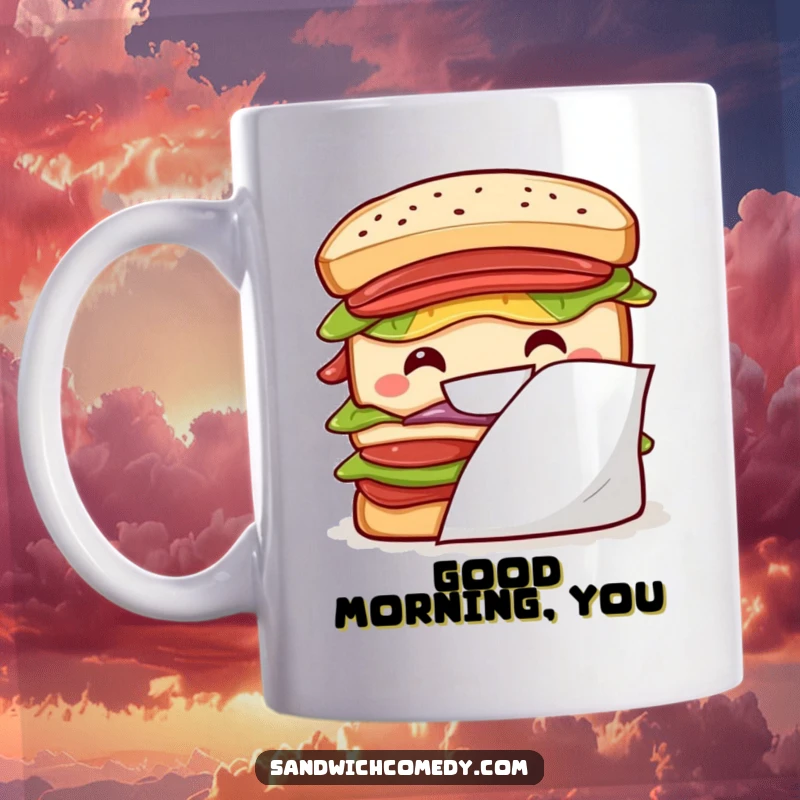 Funny sandwich mug with a layered sandwich character giving a big grin from behind a napkin, adding playful charm.