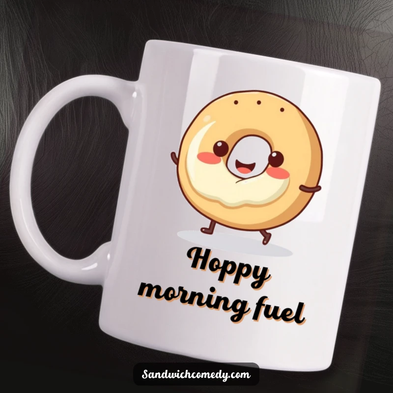 Funny smiling bagel with cream cheese doing a little hop, radiating morning cheer and energy.