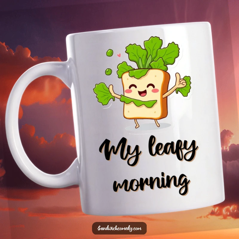 Funny mug featuring a sandwich character with crusty arms enthusiastically juggling multiple green lettuce leaves in the air.