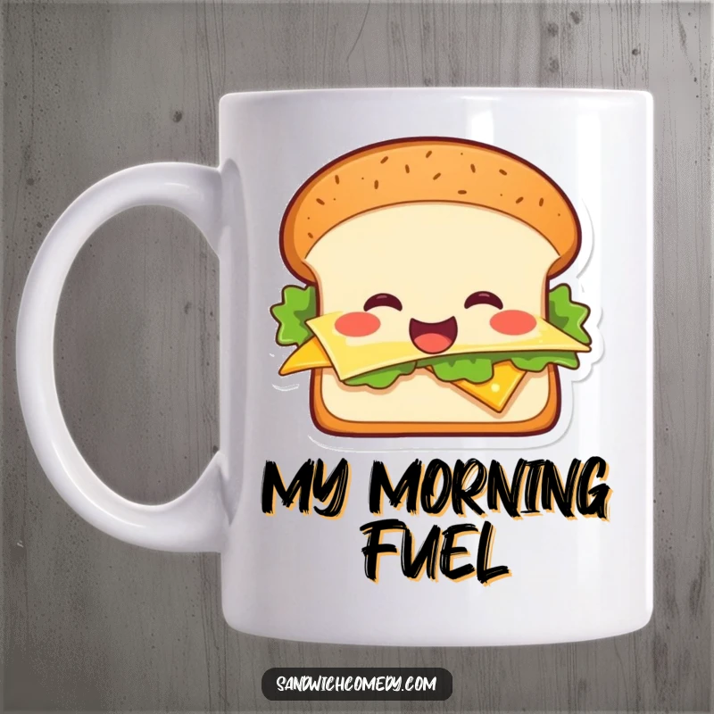 Funny sandwich mug featuring a cheerful sandwich with lettuce and cheese smiling broadly, bringing joy to any kitchen.