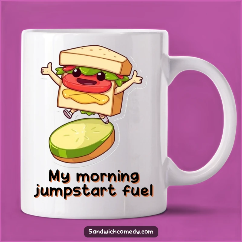Funny Sandwich Leap Mug - Hilarious Character Jumping Over Pickle Gift