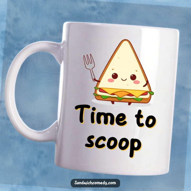 Funny triangular sandwich character happily holding a tiny fork, ready to enjoy a meal.