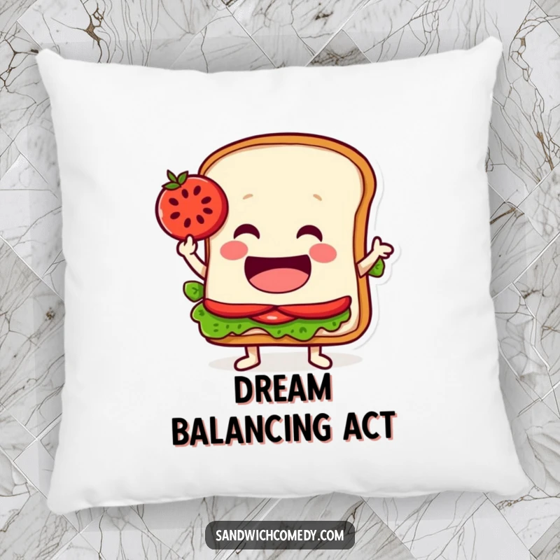 Funny pillow depicting a jovial sandwich character balancing a tomato slice on its edge, offering comfort and a touch of class.