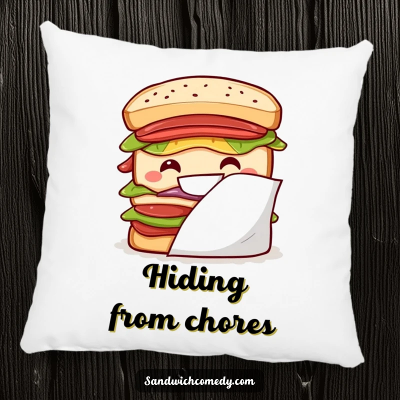 Funny layered sandwich pillow with a big grin peeking from behind a napkin, offering soft, humorous comfort.