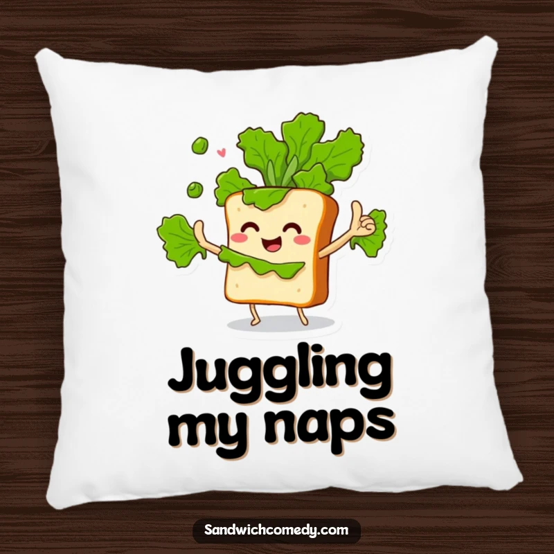 Funny pillow depicting a sandwich character enthusiastically juggling lettuce leaves, offering comfort and a touch of humor.