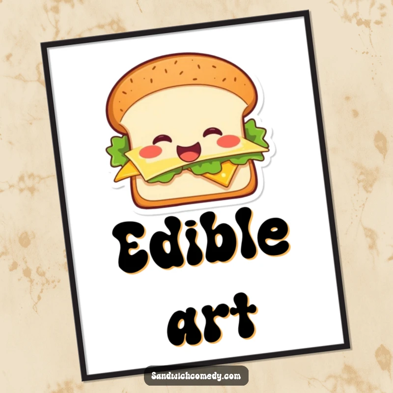Funny cheerful sandwich digital art print, featuring a smiling sandwich with lettuce and cheese, ready to download.