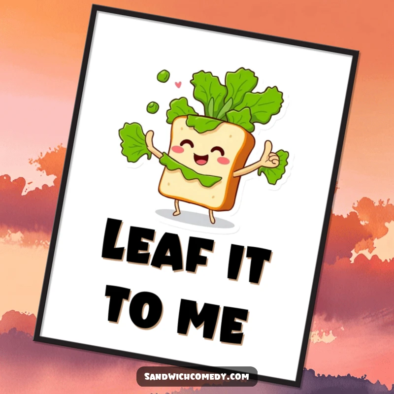 Funny digital art print of a sandwich character enthusiastically juggling lettuce leaves, vibrant and full of playful action.