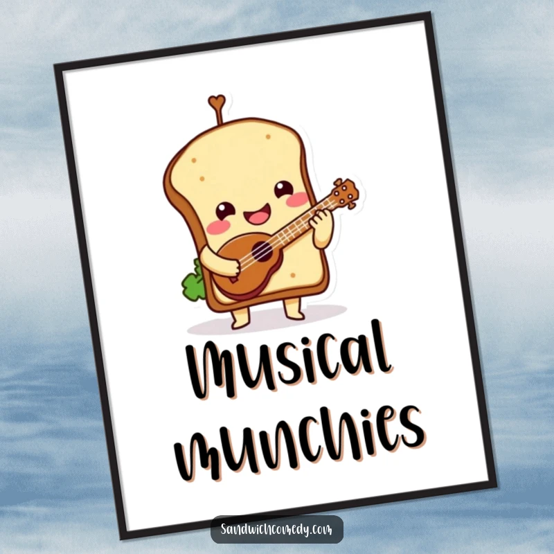 Funny Digital Art Print of a smiling sandwich character with a tilted top bun playing a tiny ukulele.