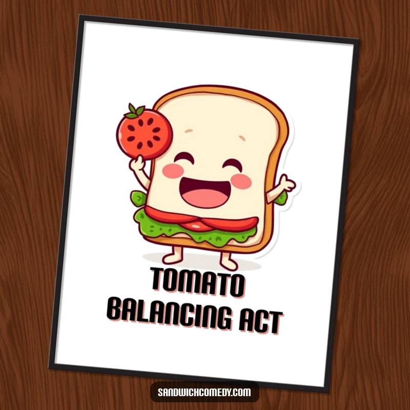 Funny digital art print of a jovial sandwich character balancing a tomato slice on its pointed edge, whimsical and stylish.