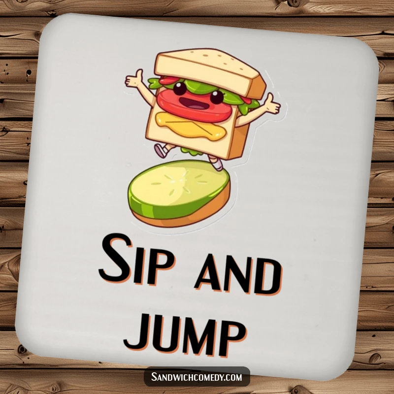 Funny drink coaster with a layered sandwich character joyfully leaping over a pickle slice, protecting tables with humor.