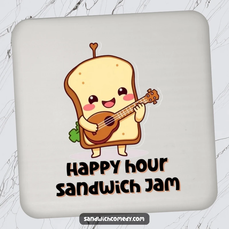 Funny Coaster featuring a smiling sandwich character playing a tiny ukulele, adding foodie fun to any surface.