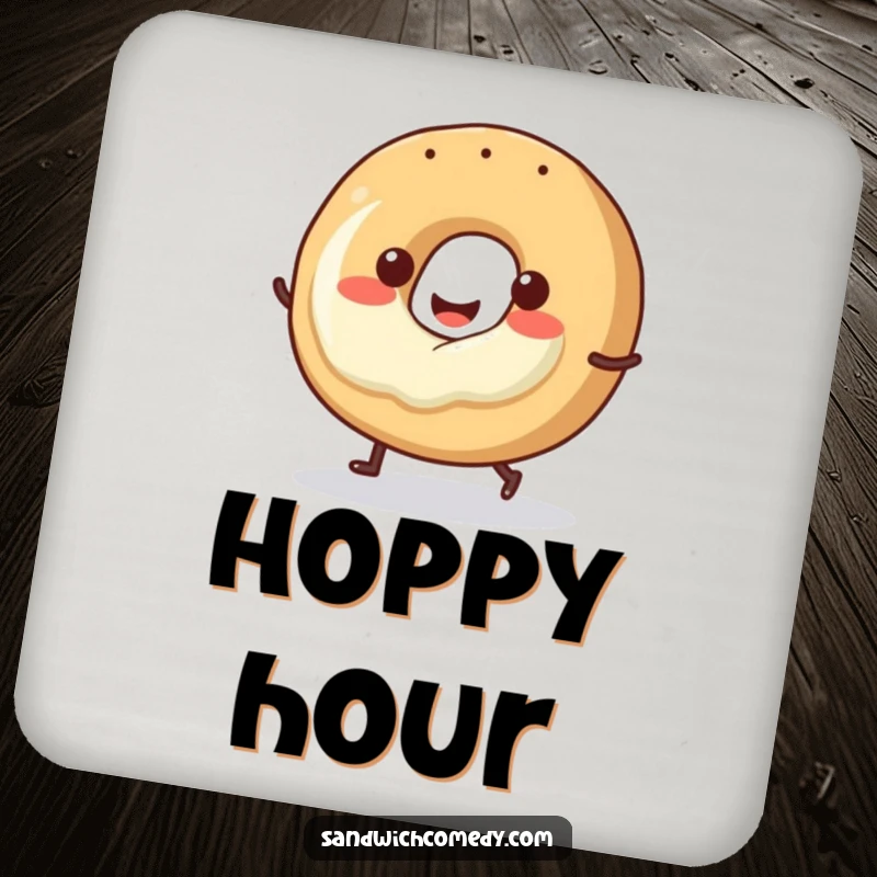 Funny bagel coasters with a smiling bagel and cream cheese doing a little hop, adding playful protection.