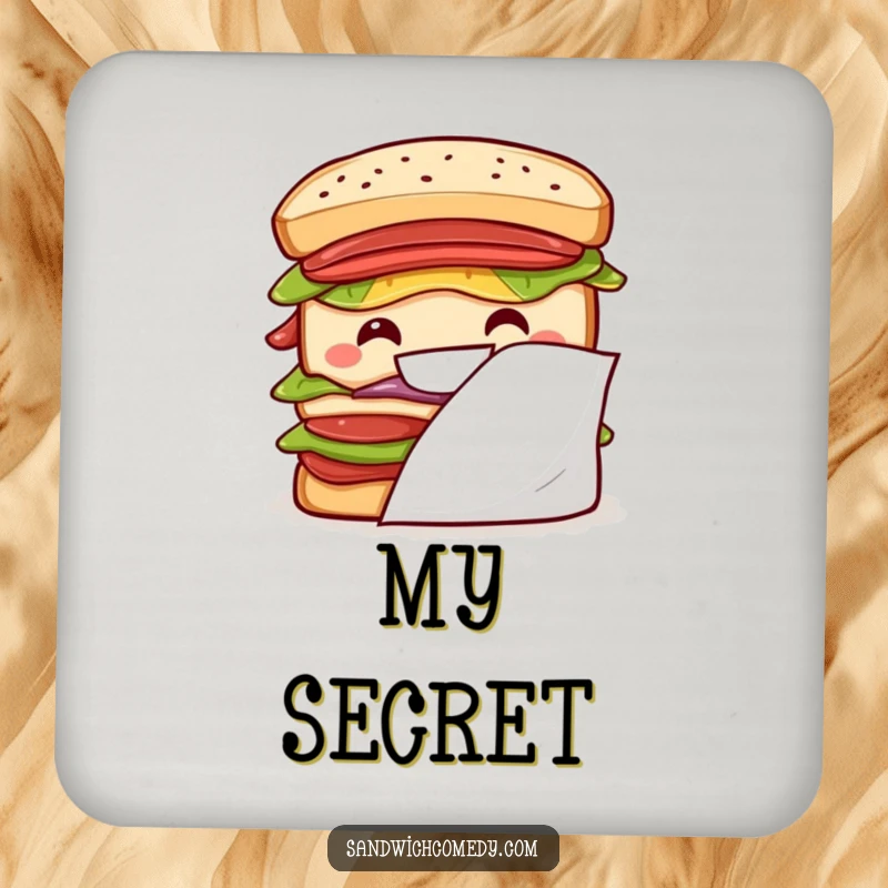 Funny layered sandwich coasters with a big grin peeking from behind a napkin, offering practical humor.