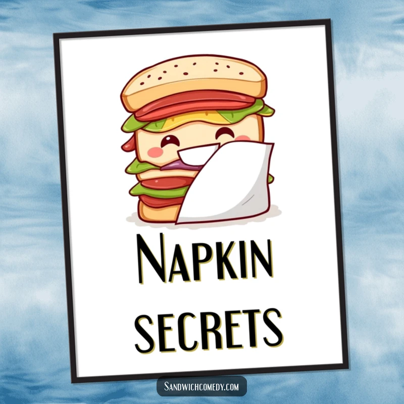 Funny layered sandwich poster featuring a big grin peeking from behind a napkin, adding playful wall decor.