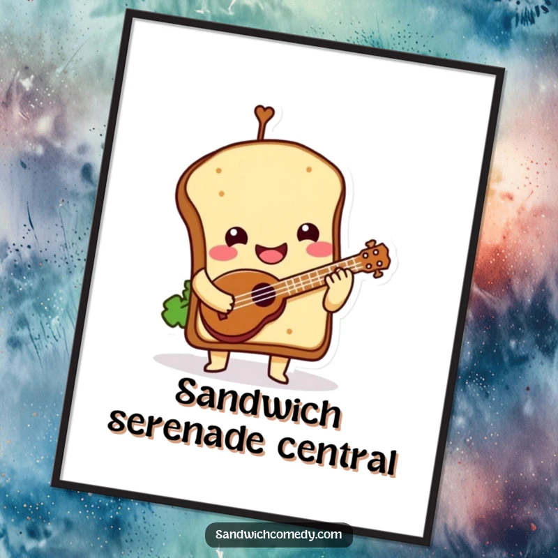 Funny Poster illustrating a smiling sandwich character with a tilted top bun, playing a miniature ukulele.