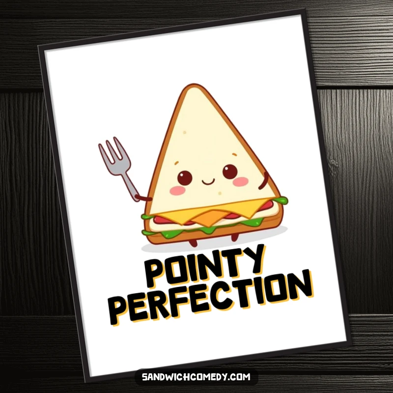 Funny triangular sandwich poster featuring a happy character holding a tiny fork, adding playful kitchen art.