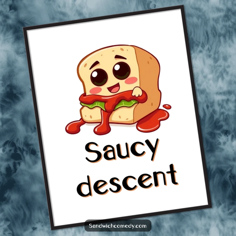 Funny poster depicting a sandwich character with olive eyes sliding down a ketchup drizzle, a whimsical and humorous wall art piece.