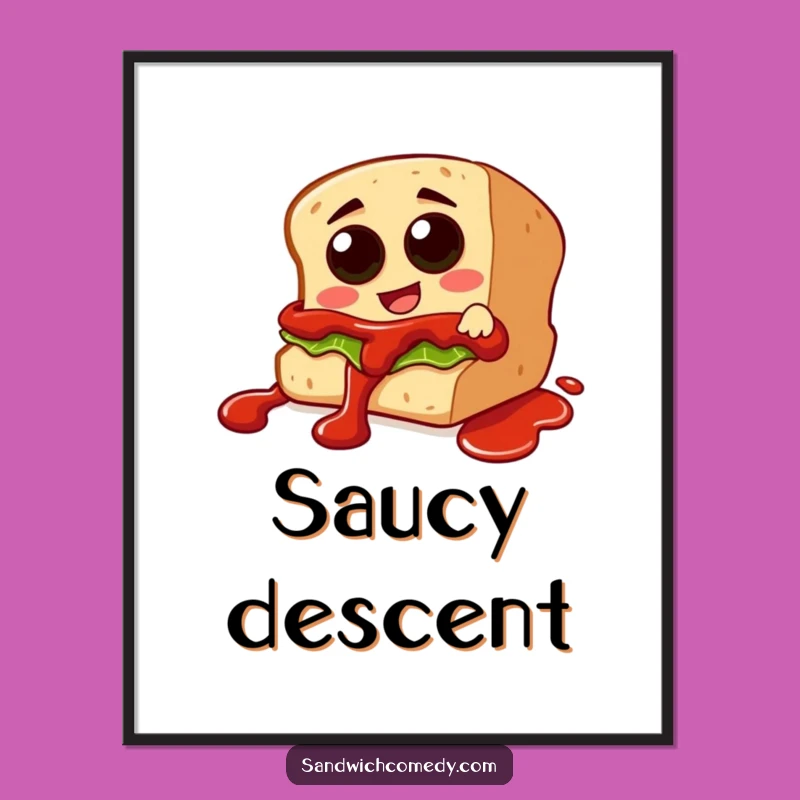 Funny Ketchup Slide Poster - Artful Sandwich Character Sliding Down
