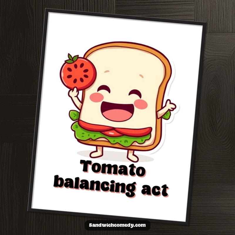 Funny poster showing a jovial sandwich character balancing a tomato slice on its pointed edge, a whimsical and artistic display.