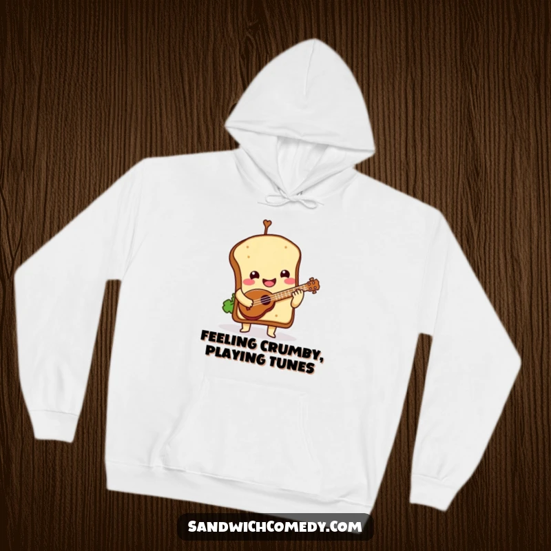 Funny Hoodie showcasing a smiling sandwich character, top bun askew, joyfully playing a tiny ukulele.
