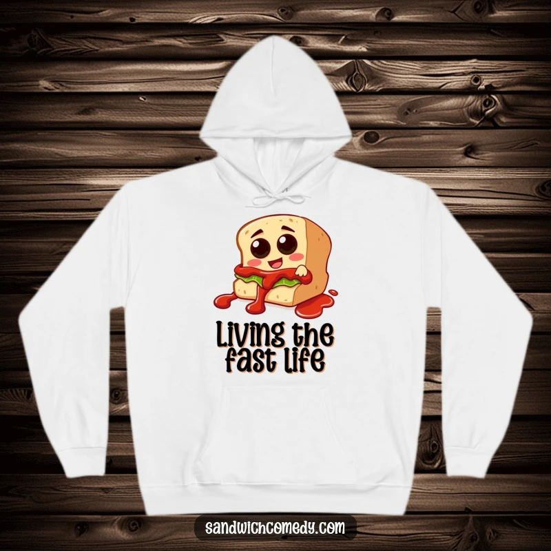Funny hoodie with a sandwich character with olive eyes sliding with excitement down a ketchup drizzle, perfect for cozy laughs.