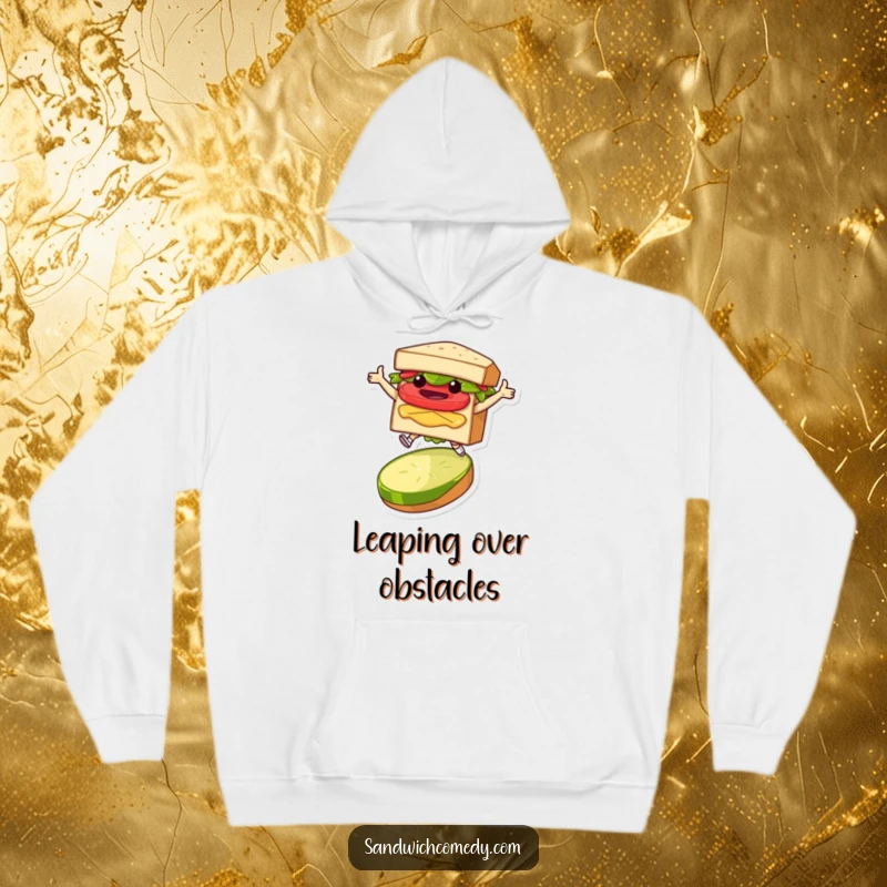 Funny hoodie showcasing a layered sandwich character in a joyful leap over a pickle slice, perfect for cozy laughs.