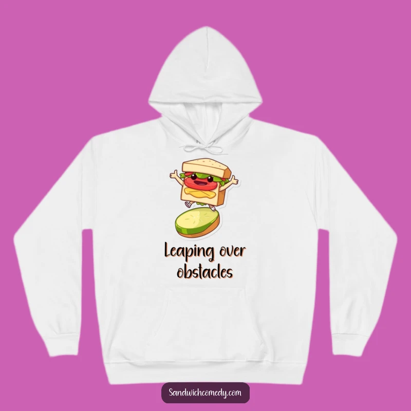Funny Sandwich Leap Hoodie - Cozy Character Jumping Over Pickle Sweatshirt