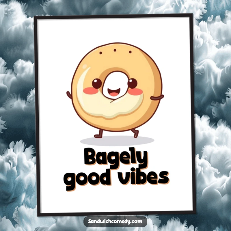 Funny Free Printable Wall Art of a smiling bagel with cream cheese doing a cheerful little hop.