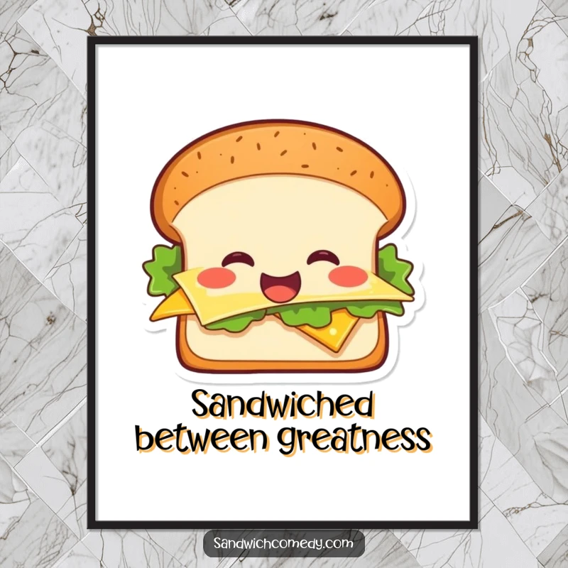Funny Free Printable Wall Art of a smiling sandwich with lettuce and cheese, bringing joy to any room.