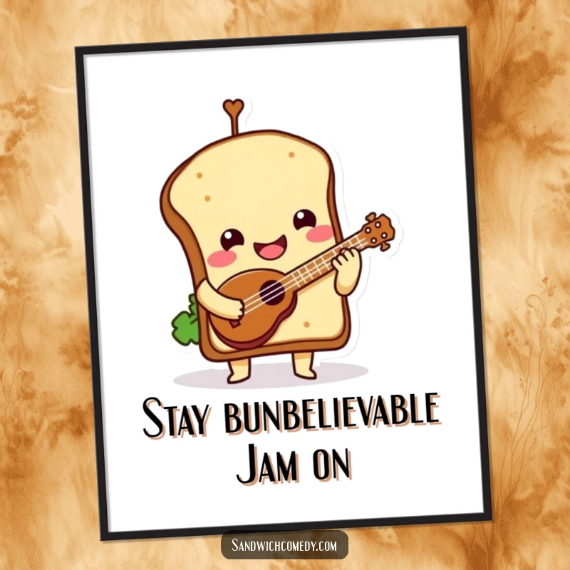 Funny Free Printable Wall Art of a smiling sandwich character playing a tiny ukulele with a tilted bun, adding humor.