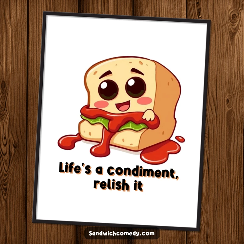 Funny Free Printable Wall Art: Sandwich character with olive eyes sliding down a ketchup drizzle, a playful and absurd scene.