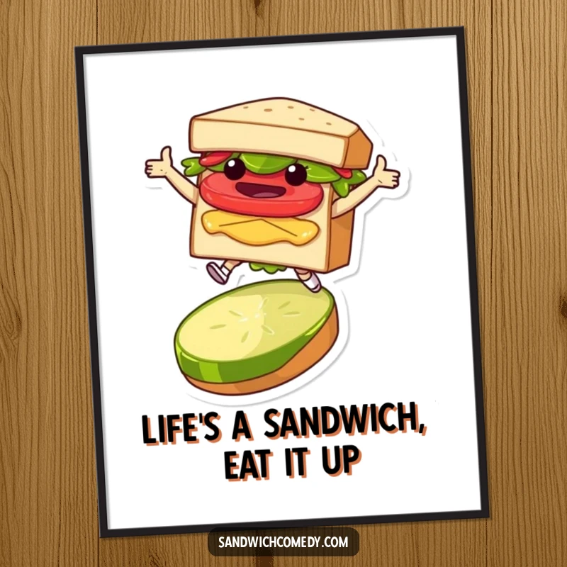 Funny Free Printable Wall Art: Sandwich character joyfully leaping over a pickle slice, a whimsical and energetic piece.