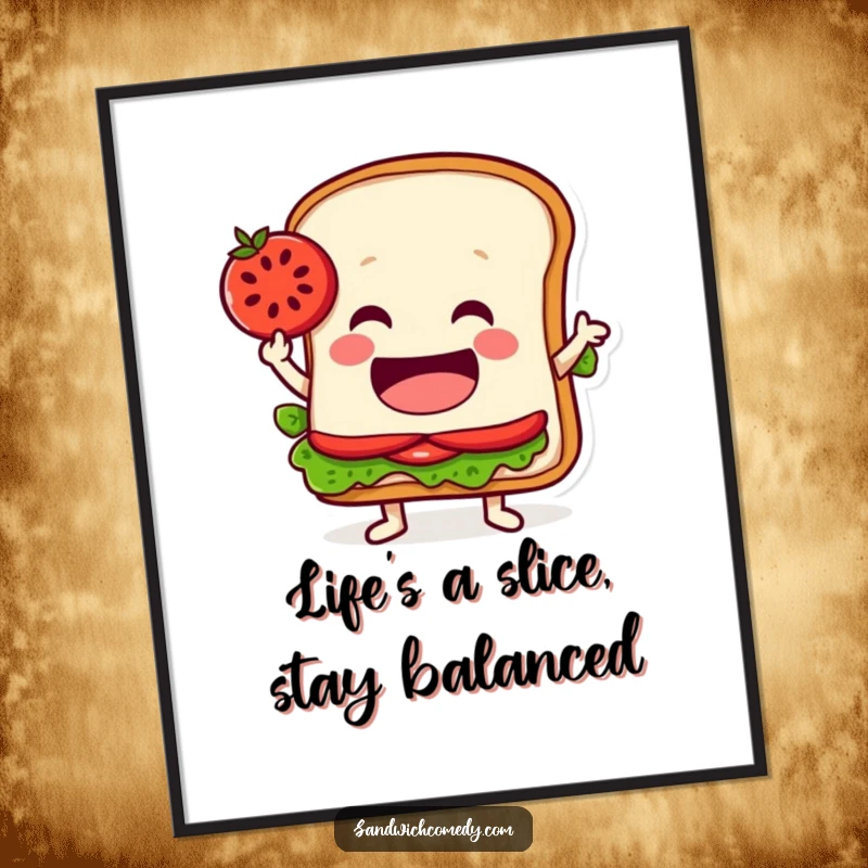 Funny Free Printable Wall Art: Jovial sandwich character perfectly balancing a red tomato slice on its pointed edge, a whimsical piece.