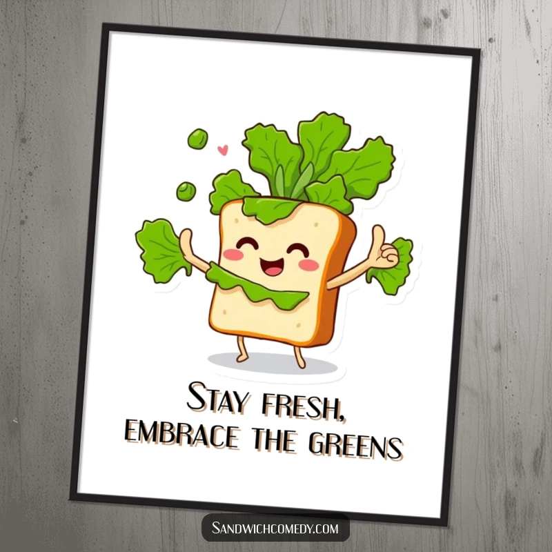Funny Free Printable Wall Art: Sandwich character with crusty arms enthusiastically juggling multiple green lettuce leaves.