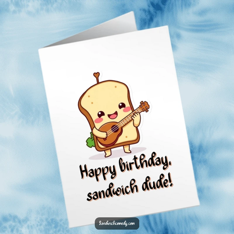 Funny Free Printable Birthday Card of a smiling sandwich character playing a ukulele with its bun tilted, bringing birthday cheer.