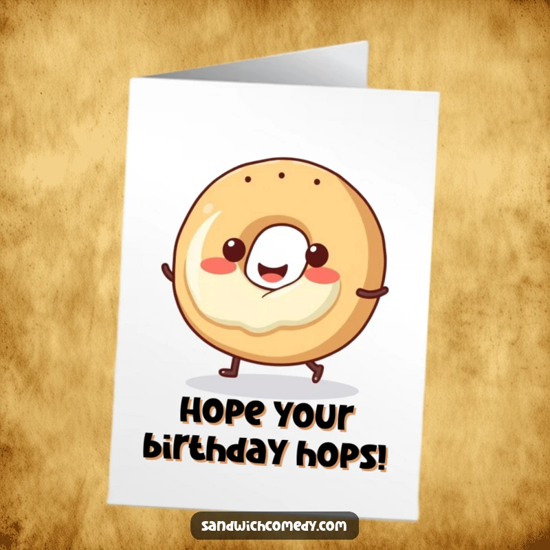 Funny Free Printable Birthday Card: A smiling bagel with cream cheese is joyfully doing a little hop.