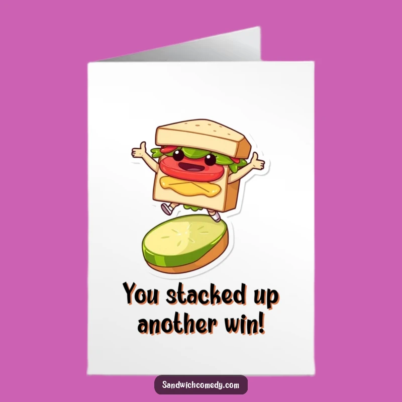 Free Printable Congrats Card: Sandwich Character Victory Leap - Print at Home