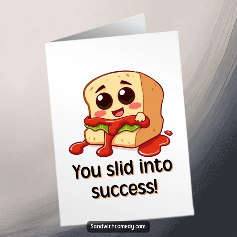 Funny Free Printable Congratulations Card: Sandwich character sliding down a ketchup drizzle, celebrating a saucy victory.