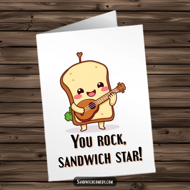 Funny Free Printable Congratulations Card featuring a smiling sandwich character playing a ukulele, perfect for celebrating wins.