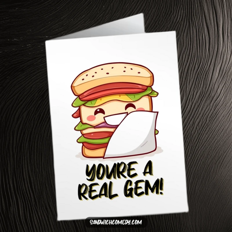 Funny Free Printable Congratulations Card, a layered sandwich peeking from behind a napkin, sharing a grin.